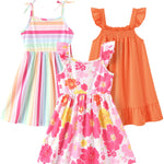 PATPAT Girls Dresses 3-Pack – Floral Orange Print, Stripe Dress & Bow Strap Sundress, Soft Cotton Outfits for School, Play & Vacations, 5–6 Years