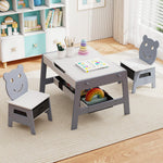 Costzon Kids Table and Chairs, Multifunctional Art Desk Set w/Chalkboard & Whiteboard, 4 Hooks, Large Storage Space and 2 Bins for Children 3+, Toddler Activity Table Set (Gray, 27.5” x 24” x 18”)