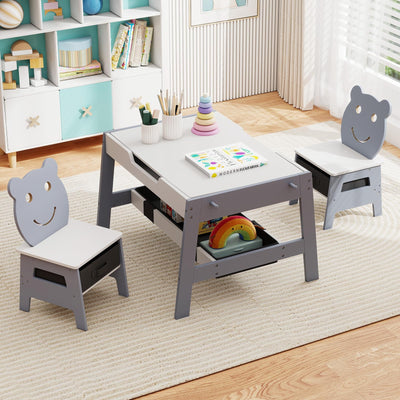 Costzon Kids Table and Chairs, Multifunctional Art Desk Set w/Chalkboard & Whiteboard, 4 Hooks, Large Storage Space and 2 Bins for Children 3+, Toddler Activity Table Set (Gray, 27.5” x 24” x 18”)