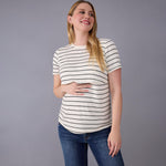 Motherhood Maternity Women's Short Sleeve Crew Neck Nursing Tee Shirt for Breastfeeding with Easy Access, Antique White/Black Stripe, Large