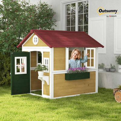 Outsunny Outdoor Kids Playhouse, Wooden Playhouse with Doors, Windows, Planter Pots and Boxes for Toddlers 3-8 Years, Cottage Play House for Backyard, DIY Chicken Coop, Beige