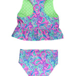 RuffleButts Baby/Toddler Girls UPF50+ Sun Protected Reversible Peplum 2 Piece Sleeveless Tankini - Neon Paisley Pop, 2T