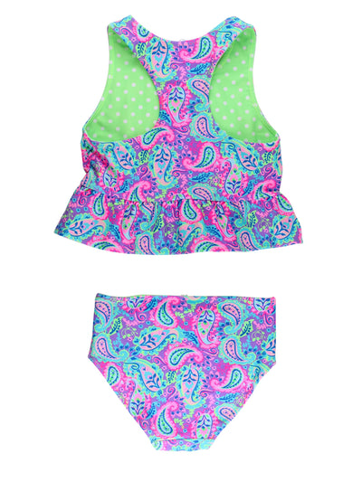 RuffleButts Baby/Toddler Girls UPF50+ Sun Protected Reversible Peplum 2 Piece Sleeveless Tankini - Neon Paisley Pop, 2T