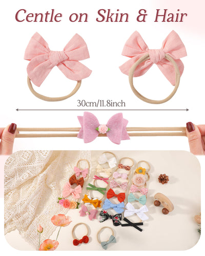 doboi Baby Girl Headbands 24PCS Nylon Linen Handmade Hairbands with Hair Bows and Accessories for Newborns, Infants, Toddlers, and Little Kids