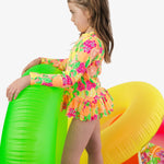 RuffleButts Baby/Toddler Girls Scalloped Long Sleeve Rash Guard 2-Piece UPF50+ Sun Protected Swimsuit - Neon Squeeze The Day, 2T