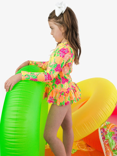 RuffleButts Baby/Toddler Girls Scalloped Long Sleeve Rash Guard 2-Piece UPF50+ Sun Protected Swimsuit - Neon Squeeze The Day, 2T
