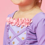 RuffleButts Girls UPF50+ Princess Dress-Up Long Sleeve Rash Guard 2-Piece Swimsuit - Amethyst Princess, 2T
