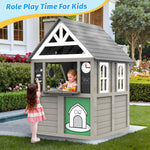Kids Playhouse Outdoor,Cedar Gray Wooden Play House for Kids Ages 3-8,Interactive Doorbell, Kitchen Counter with Utensils, Sink, Window Boxes for Flowers and Toys
