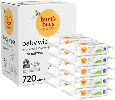Burt's Bees baby wipes packaging with multiple packs displayed.