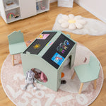 Costzon Kids Table and Chairs, 3 Pieces Wooden Art Table Set w/Chalkboards for Children Activity, Crafts, Reading, Drawing, Space-Saving Design, House-Shaped Toddler Table and Chair Set (Green)