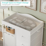 BOLUO White Changing Table with 3 Fabric Drawers and Laundry Hamper, Baby Dresser with Changing Table Top, Nursery Diaper Changing Station with Storage Modern
