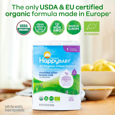Happy Baby Organics Stage 1 A2 Infant Formula, 0-12 Months, Milk Based Organic Baby Formula Powder with A2 Milk, Probiotics & Prebiotics for Immune & Digestive Support, 22.9 Ounce (Pack of 1)