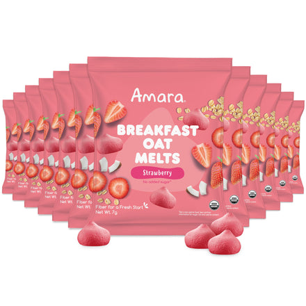 Multiple packages of Amara Strawberry Breakfast Oat Melts on a white background