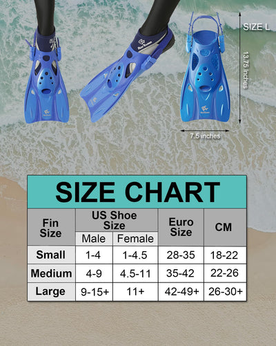 Reef Tourer Snorkel Fins for Kids and Adults, Adjustable Open Heel, Compact Short Blade Swimming Snorkeling Flippers, Travel Size, Blue, Large, RF0106P
