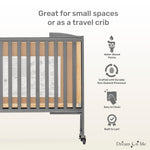 Dream On Me Folding Full-Size Convenience Baby Crib, Steel Grey, GreenGuard Gold & BSA, Portable, Patented Quick Folding System, Heavy Duty Wheels, 2 Adjustable Mattress Heights