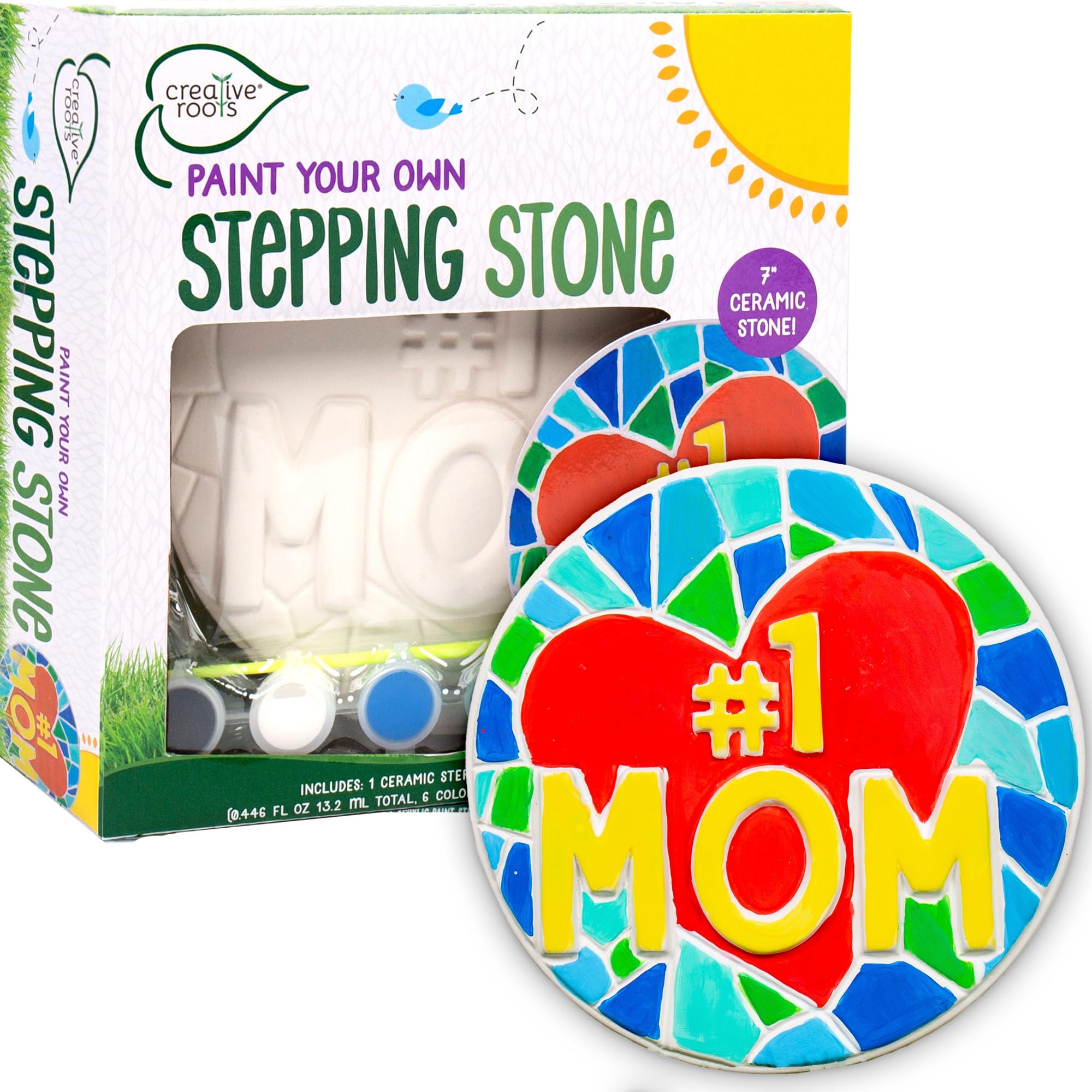 Creative Roots Mosaic Flower Garden Stepping Stone Kit, Includes 7-Inch Ceramic Stone & 6 Vibrant Paints, DIY Stepping Stone Kit for Kids Ages 6+