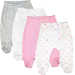 123 Bear 100% Cotton Baby Pants with Footies 100% Cotton Unisex Boys Girls (0-3 Months, 4-Pack Pink)