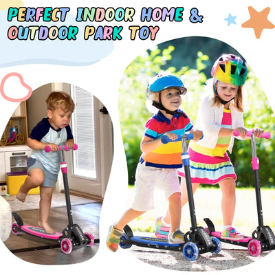 Kick Scooter for Kids 3-7 Ages - Light Up 3 Wheel Scooters,Lean-to-Steer,Three Adjustable Height Scooter for Kids, Wide Dual Rear Wheels,Safe Stable Ride for 3-5,5-7 Year Old Girl Boy Kid - Pink