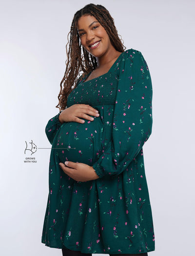 Motherhood Maternity Women's Long Sleeve Smocked Babydoll Mini Dress, Teal Ditsy, Small