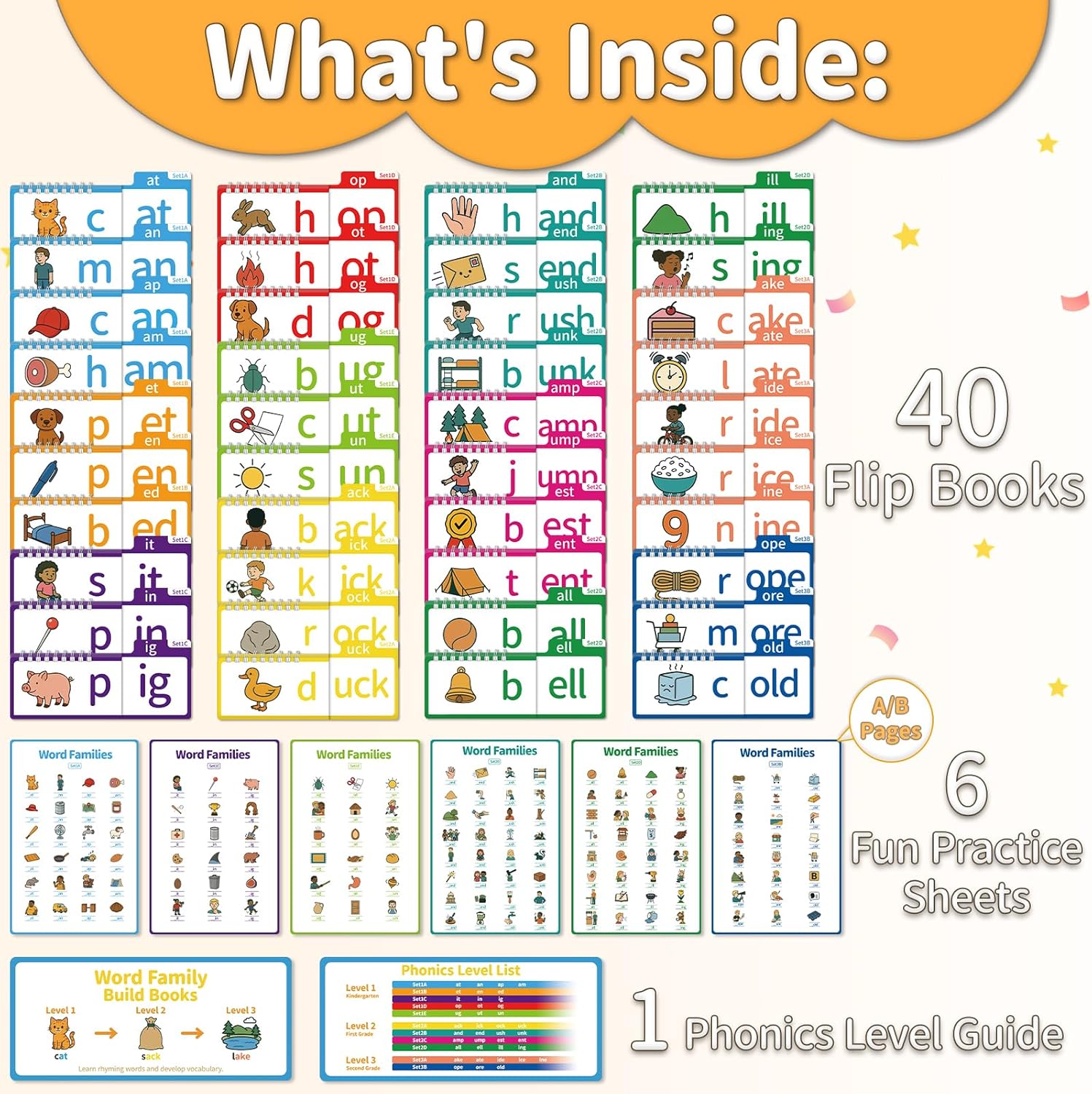 Word Family Build Book, 40 Read & Rhyme Flip Activity Books, Learn to Read Phonics Flash Cards for Preschool/Kindergarten, 1st-3rd Grade Kids, Ages 4-8 Homeschool Educational Learning Tools