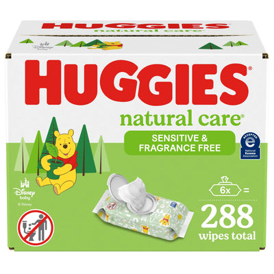 Huggies natural care wipes packaging with a cartoon bear and trees on a white background