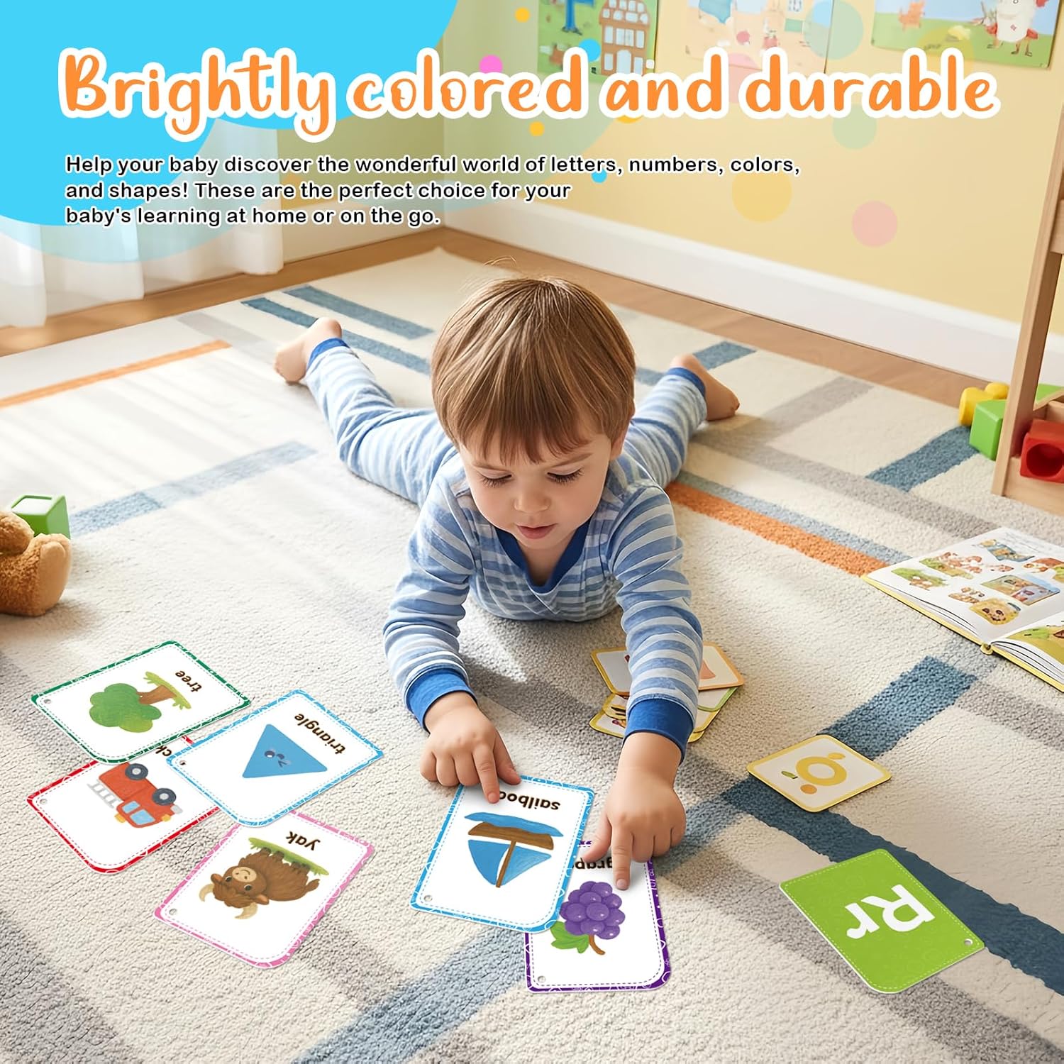 Flash Cards are Designed for Toddlers Aged 1-3. The Set Includes 56 Double-Sided Preschool Flash Cards Featuring The Alphabet, Numbers, Colors, and Shapes.