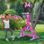 Delta Children Disney Minnie Mouse 4-in-1 Sports Center – Adjustable Easy Score Basketball Hoop, Soccer/Hockey Net and Golf Game, 4 Golf/Hockey Balls, Pink