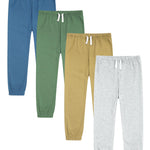 GFQLONG 4 Pack Toddler Boys and Girls Cotton Pants Lightweight Trousers, Kids Summer Casual Solid Sweatpants with Drawstring, Green+Blue+Khaki+Grey, 2T, 3T