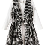 PATPAT Girls Spring Fall Outfit – Ribbed Knit Dress with Classic Plaid Cardigan – School & Photo Day Clothes, White Houndstooth, 5–6 Years