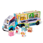 Toy truck with character blocks and alphabet blocks on a white background