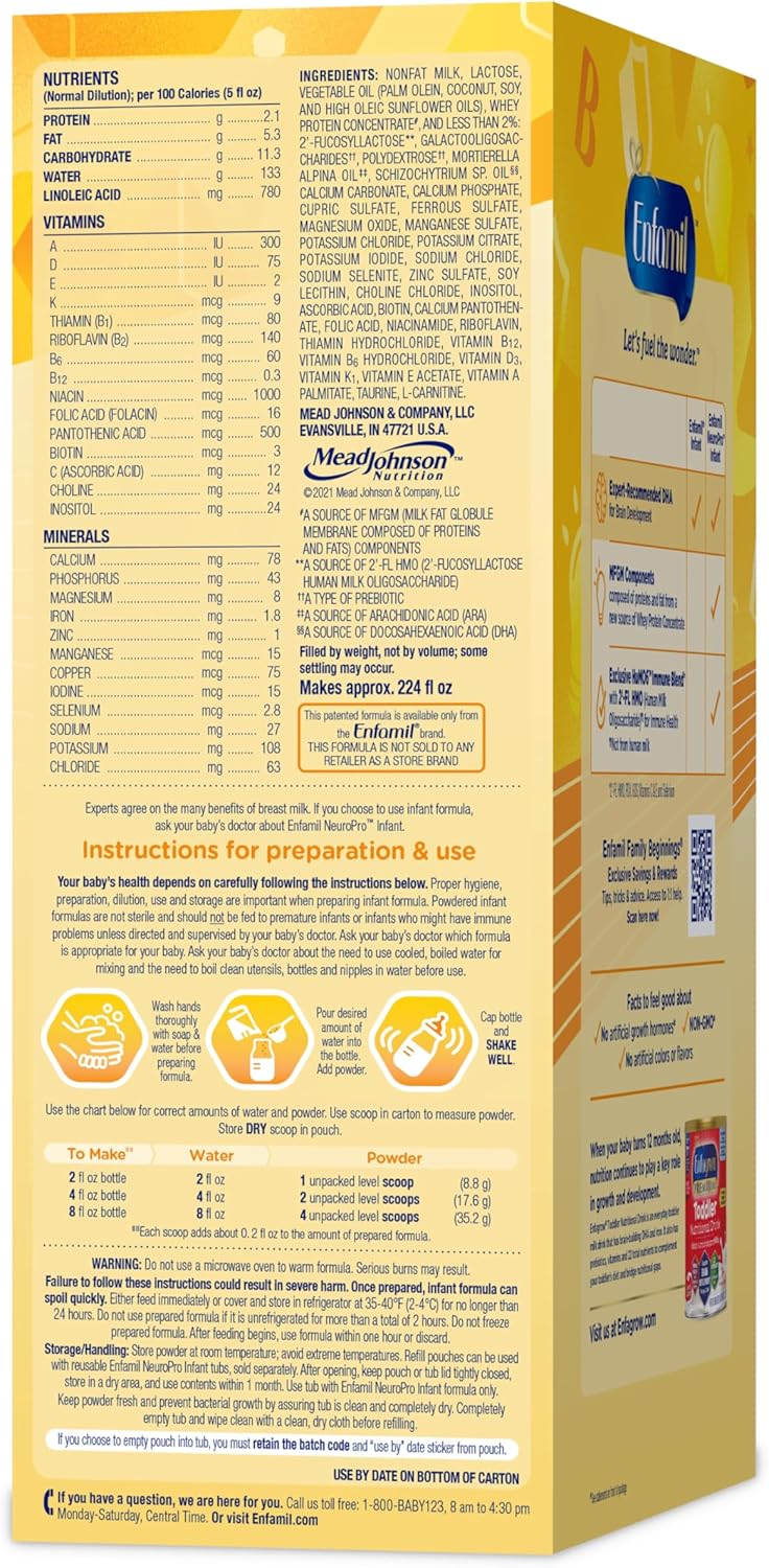 Enfamil NeuroPro Baby Formula, MFGM* 5-Year Benefit, Expert-Recommended Brain-Building Omega-3 DHA, Exclusive Immune Supporting HuMO6 Blend, Infant Formula Powder, Baby Milk, 31.4 Oz, Pack of 4