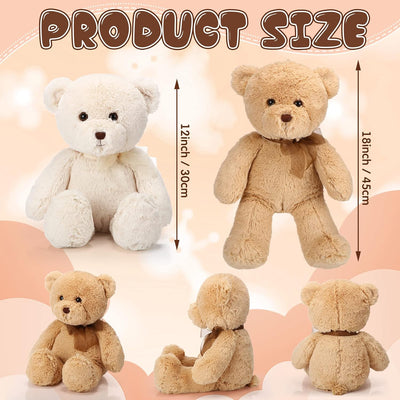 HyDren 2 Pack Plush Bear Stuffed Animals 18 Inch Cuddly Stuffed Bear Plushies with Bow for Birthday Gifts Baby Shower Party Favor Decors(Beige, Light Brown)