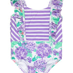 RuffleButts Girls UPF50+ Sun Protection Sleeveless Pinafore One Piece Swimsuit - Purple Hydrangea Garden, 3-6m