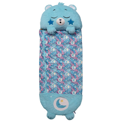 Blue bear-shaped sleeping bag with a pattern on a white background