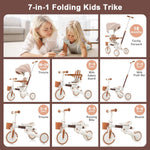 7 in 1 Toddler Tricycle with Parent Push Handle, Removable Pedals & Canopy, 5-Point Safety Harness - Portable Folding Trike Bike for Kids Ages 1-6 Years Old (Ivory and Brown)