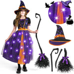 Spooktacular Creations Light Up Witch Costume for Toddler Girls, Child Fairy Tale Witch Outfit Set with Broom and Hat for Kids Halloween Dress Up Parties, Purple, 3T