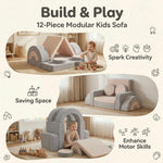 BUMNANA 14pcs Modular Kids Play Couch, Child Sectional Sofa, Fortplay Bedroom and Playroom Furniture for Toddlers, Convertible Foam and Floor Cushion for Boys and Girls