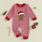 Newborn Infant Baby Boy Christmas Outfit Embroidered Gingerbread Romper Red Striped Onesie Long Sleeve Jumpsuit