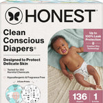 The Honest Company Clean Conscious Diapers for Delicate Skin | Up to 100% Leakproof | Hypoallergenic, Fragrance Free | Gender Neutral | Club Box, Size 1 (8-14 lbs), 78 Count (Prints May Vary)