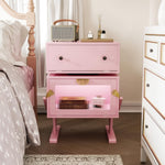 RoyalCraft Nightstand with LED Light Strips, Pink End Table with 360° Rotating Drawer, Modern Bedside Table with Glass Door Storage, Wood Night Stand Cabinet for Bedroom, Home Office, Pink