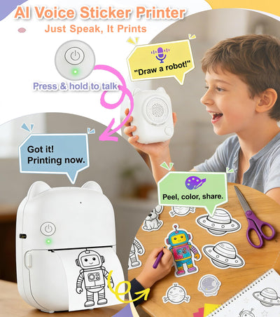 BLESSOURCE AI Mini Sticker Printer for Kids: Voice-to-Sticker, AI Dialogue, Inkless Thermal Printing, BPA & BPS-Free, Portable Sticker Maker Machine for Home & DIY, Creative Gift Set for Kids Ages 5+