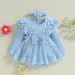 ZAXARRA Infant Baby Girl Romper Dress Baby Dress Romper Flowers Lace Fall Winter Clothes with Headband (Blue, 3-6 Months)