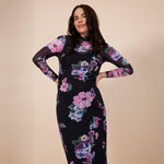 Motherhood Maternity Women's Long Sleeve Mesh Turtleneck Maxi Pregnancy Bodycon Dress, Black Floral