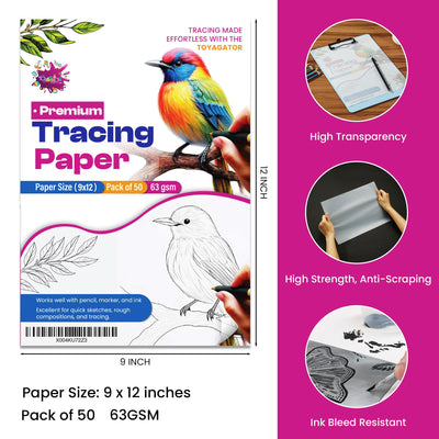 Tracing Paper 9x12 Inch - 50 Sheets 41lb/63gsm Transparent Trace Paper for Sketching, Preliminary Drawing, Drafting & Art Projects - Premium Translucent Tracing Paper for Pencil, Marker and Ink