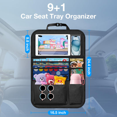 Oneyus Car Backseat Organizer with Table Tray((2-Pack)) 9 Storage Pockets Backseat Car Organizer and storage with Tablet Holder, Kick Mats Back Seat Cover for Kids family Road Trip Essentials Travel