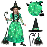 Spooktacular Creations Girls Witch Costume, Light up Witch Costume Kids, Starry Dress with Broom Belt Hat for Child Halloween Role Play Parties, S