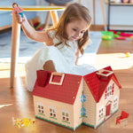 WOODMAM Foldable Wooden Doll House with 13pcs Furniture, 4 Rooms and 2 Flexible Dolls, Pretend Play House Set with Portable Handle, Christmas Birthday Gift for Boys Girls Kids Age 3+