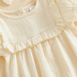 Kupretty Newborn Baby Girl Summer Clothes Vintage Muslin Linen Ruffle Romper Short Sleeve Bodysuit Jumpsuit with Headband (Cream, 3-6 Months)