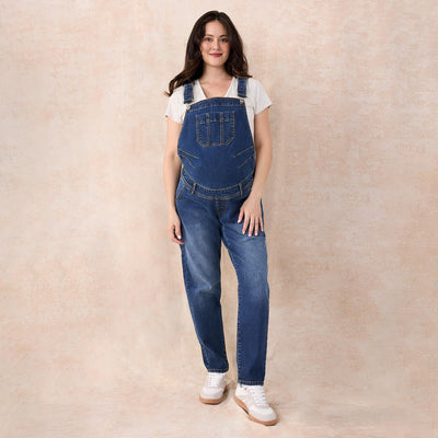 Motherhood Maternity Women's Relaxed Fit Straight Leg Denim Pregnancy Overalls with Adjustable Straps and Pockets, Skoll Wash, Small