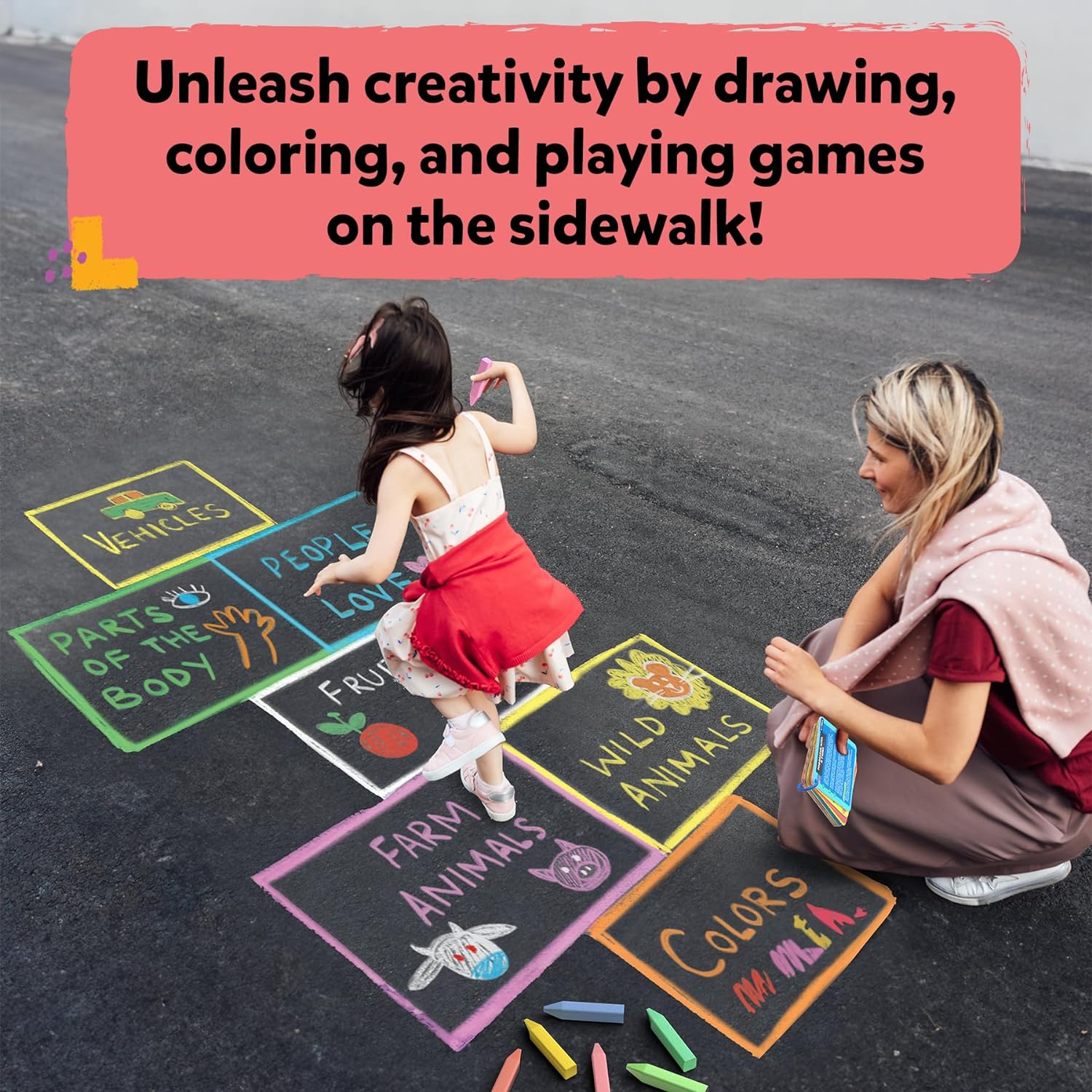 Skillmatics Sidewalk Chalk Activity Kit - Creative Outdoor Fun with 18 Washable Chalk Sticks, 15 Activities & Games for Kids, Gifts for Boys & Girls Ages 3, 4, 5, 6, 7, 8, 9, 10
